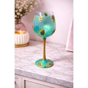 Hand Painted Peacock Wine Glass Teal Blue Gold Jeweled Stem Hand Wash Only